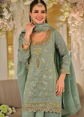 Green color smart heavy embroidered fancy festive special palazzo suit 2