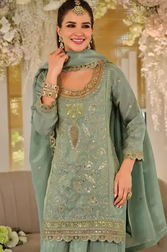 Green color smart heavy embroidered fancy festive special palazzo suit