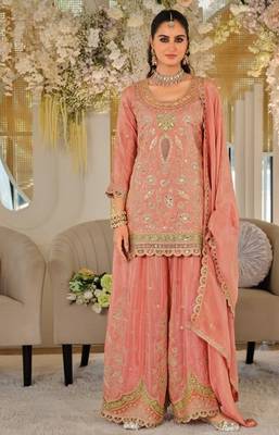Orange color smart heavy embroidered fancy festive special palazzo suit 1