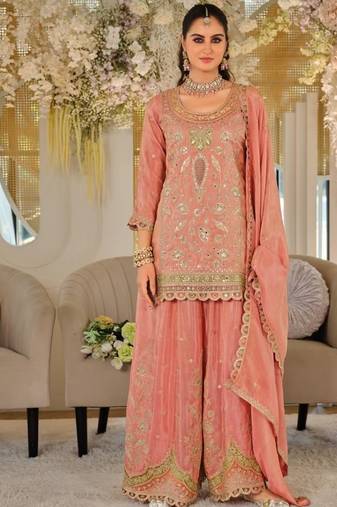 Orange color smart heavy embroidered fancy festive special palazzo suit