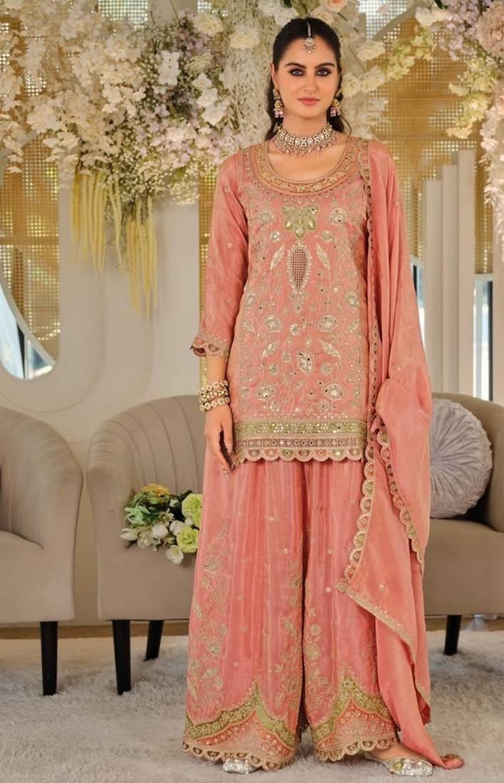 Orange color smart heavy embroidered fancy festive special palazzo suit