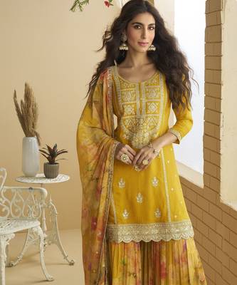 Mustard color beautiful embroidered graceful wedding special palazzo dress 3
