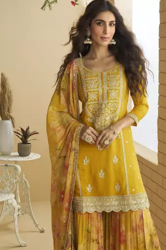 Mustard color beautiful embroidered graceful wedding special palazzo dress