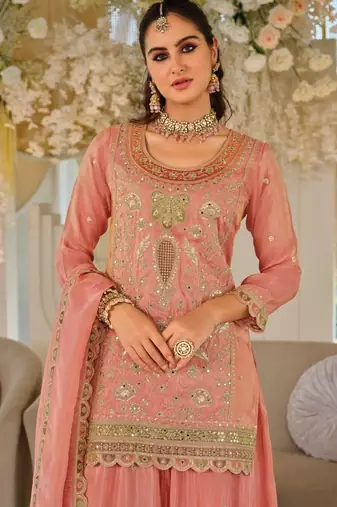 Orange color smart heavy embroidered fancy festive special palazzo suit