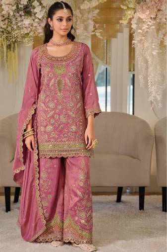 Pink color smart heavy embroidered fancy festive special palazzo suit