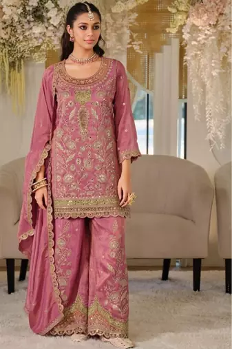 Pink color smart heavy embroidered fancy festive special palazzo suit