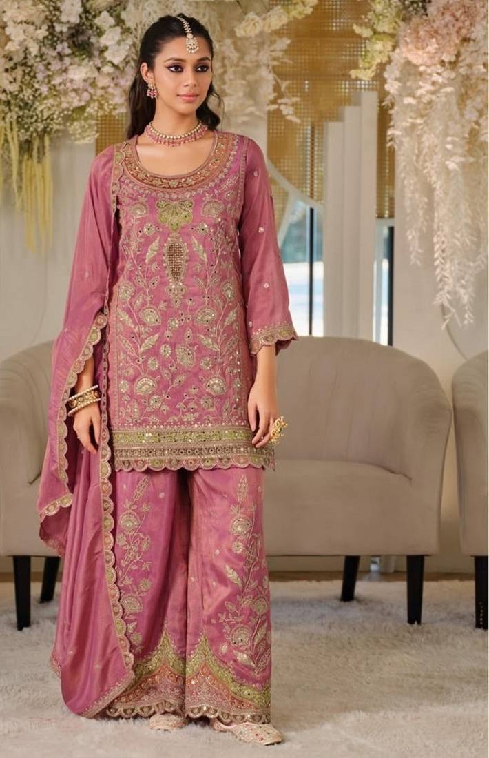 Pink color smart heavy embroidered fancy festive special palazzo suit