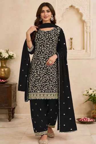 Black color beautiful embroidered georgette fabric ceremonial suit