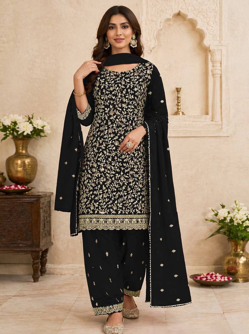 Black color beautiful embroidered georgette fabric ceremonial suit