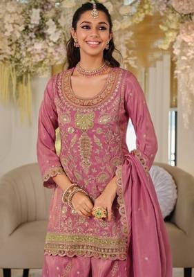 Pink color smart heavy embroidered fancy festive special palazzo suit 2