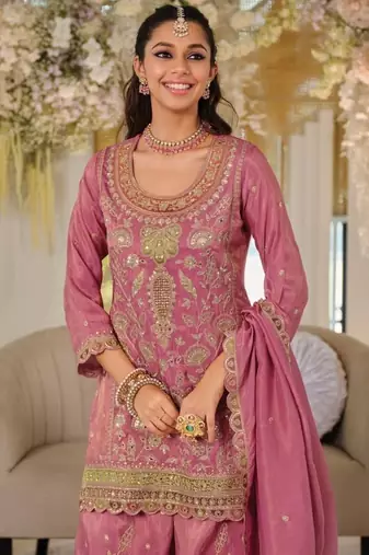 Pink color smart heavy embroidered fancy festive special palazzo suit