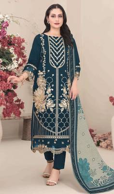 Georgette fabric teal blue color designer embroidered graceful partywear salwar kameez 1