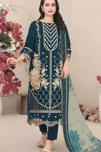 Georgette fabric teal blue color designer embroidered graceful partywear salwar kameez