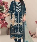 Georgette fabric teal blue color designer embroidered graceful partywear salwar kameez