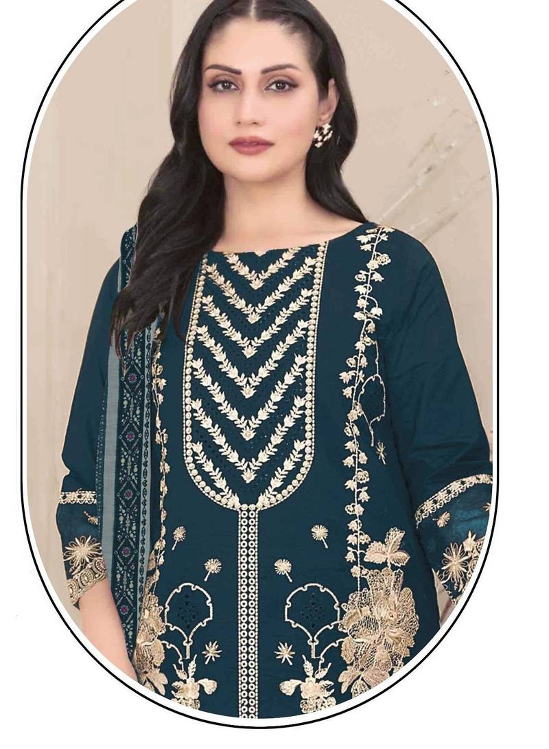Georgette fabric teal blue color designer embroidered graceful partywear salwar kameez