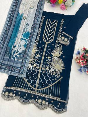 Georgette fabric teal blue color designer embroidered graceful partywear salwar kameez 3
