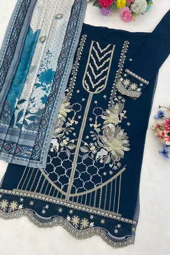 Georgette fabric teal blue color designer embroidered graceful partywear salwar kameez
