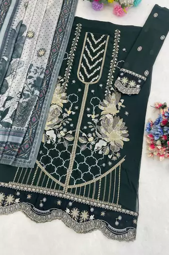 Georgette fabric mahendi color designer embroidered graceful partywear salwar kameez