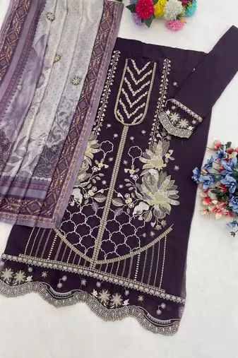 Georgette fabric wine color designer embroidered graceful partywear salwar kameez