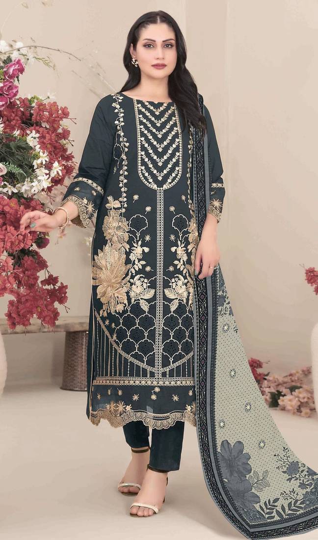 Georgette fabric grey color designer embroidered graceful partywear salwar kameez