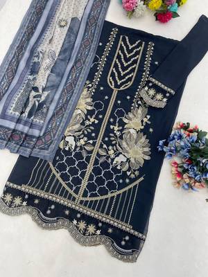 Georgette fabric grey color designer embroidered graceful partywear salwar kameez 3