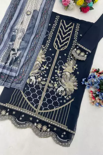 Georgette fabric grey color designer embroidered graceful partywear salwar kameez