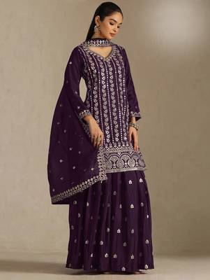 Purple color smart chinon fabric designer embroidered palazzo dress 1