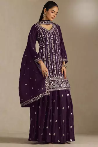 Purple color smart chinon fabric designer embroidered palazzo dress