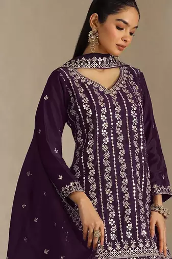 Purple color smart chinon fabric designer embroidered palazzo dress