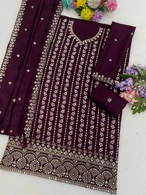 Purple color smart chinon fabric designer embroidered palazzo dress 3