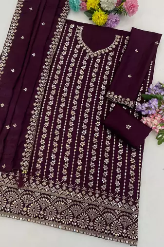 Purple color smart chinon fabric designer embroidered palazzo dress