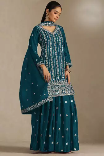 Teal color smart chinon fabric designer embroidered palazzo dress