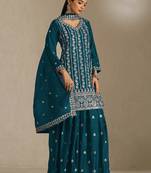 Teal color smart chinon fabric designer embroidered palazzo dress