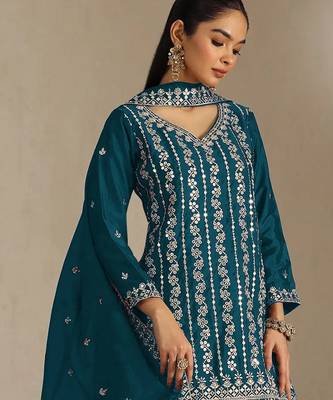 Teal color smart chinon fabric designer embroidered palazzo dress 2