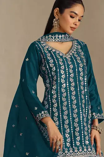 Teal color smart chinon fabric designer embroidered palazzo dress