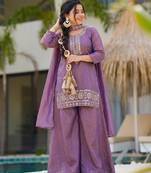 Lavender real kutch hand embroidered gold silk sharara suit set with dupatta