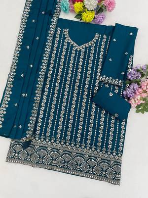 Teal color smart chinon fabric designer embroidered palazzo dress 3