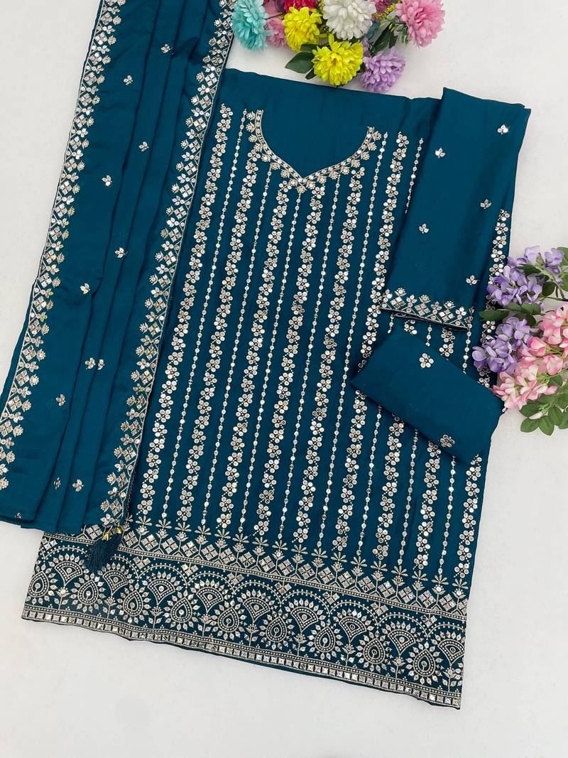 Teal color smart chinon fabric designer embroidered palazzo dress