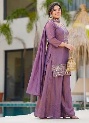Lavender real kutch hand embroidered gold silk sharara suit set with dupatta 3