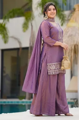 Lavender real kutch hand embroidered gold silk sharara suit set with dupatta