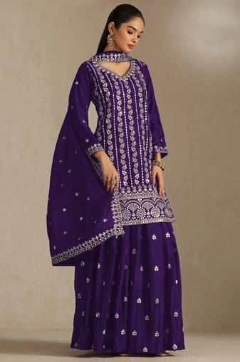 Violet color smart chinon fabric designer embroidered palazzo dress