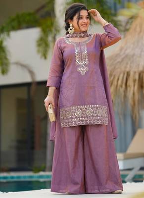 Lavender real kutch hand embroidered gold silk sharara suit set with dupatta 4