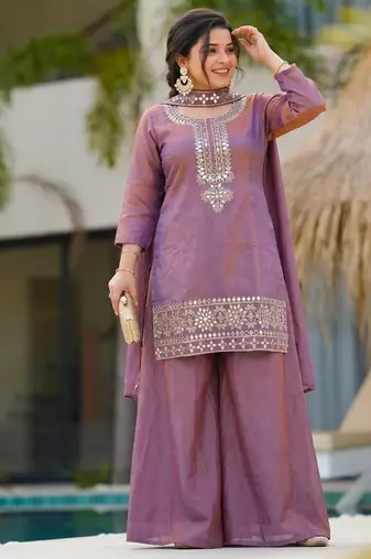 Lavender real kutch hand embroidered gold silk sharara suit set with dupatta