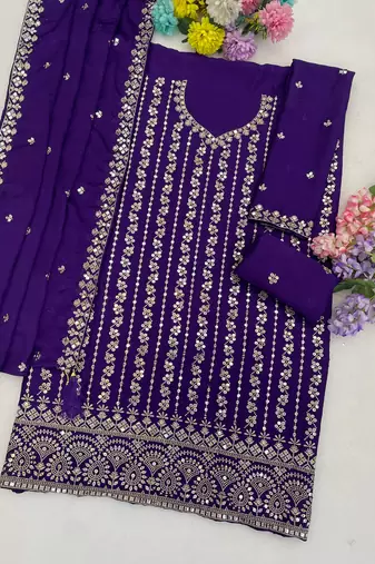 Violet color smart chinon fabric designer embroidered palazzo dress