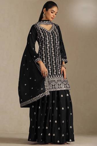 Black color smart chinon fabric designer embroidered palazzo dress