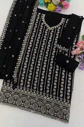 Black color smart chinon fabric designer embroidered palazzo dress