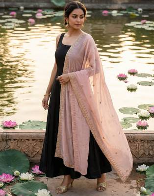 Baby pink color organza fabric dori embroidery work fancy ceremonial dupatta 1