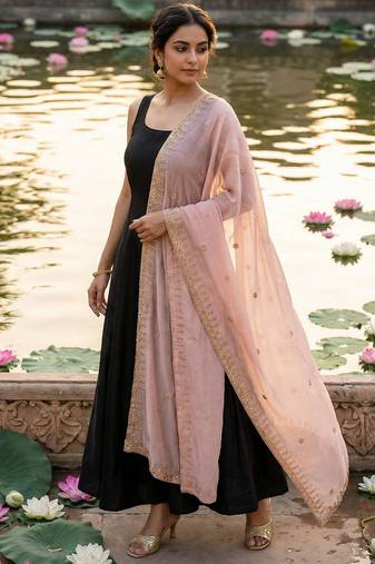 Baby pink color organza fabric dori embroidery work fancy ceremonial dupatta