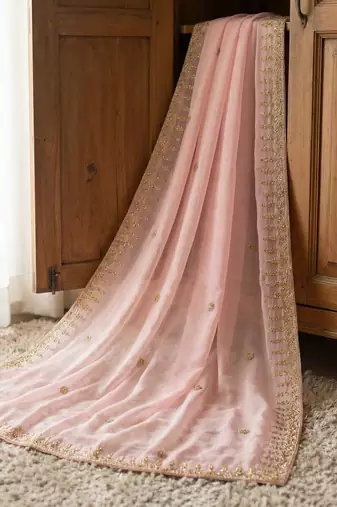 Baby pink color organza fabric dori embroidery work fancy ceremonial dupatta