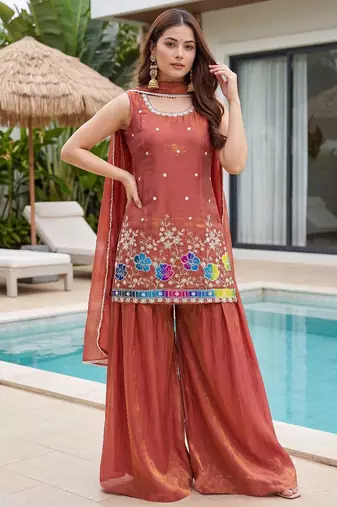 Rust embroidered beads work shimmer satin sharara salwar suit set with dupatta